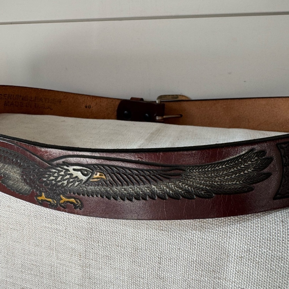 Men's Brown Tooled Bald Eagle Genuine Leather Belt - Picture 11 of 11